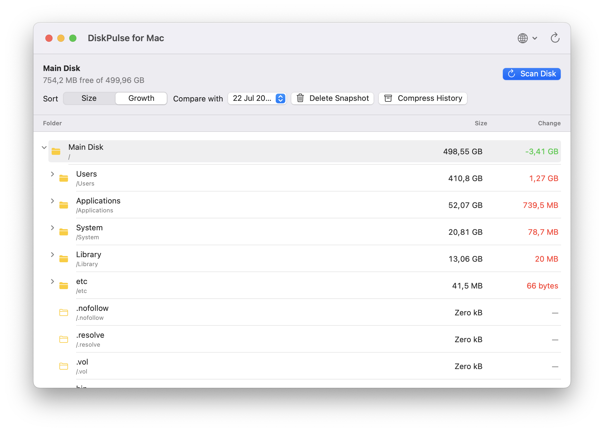 Folder tree in the English interface of DiskPulse for Mac