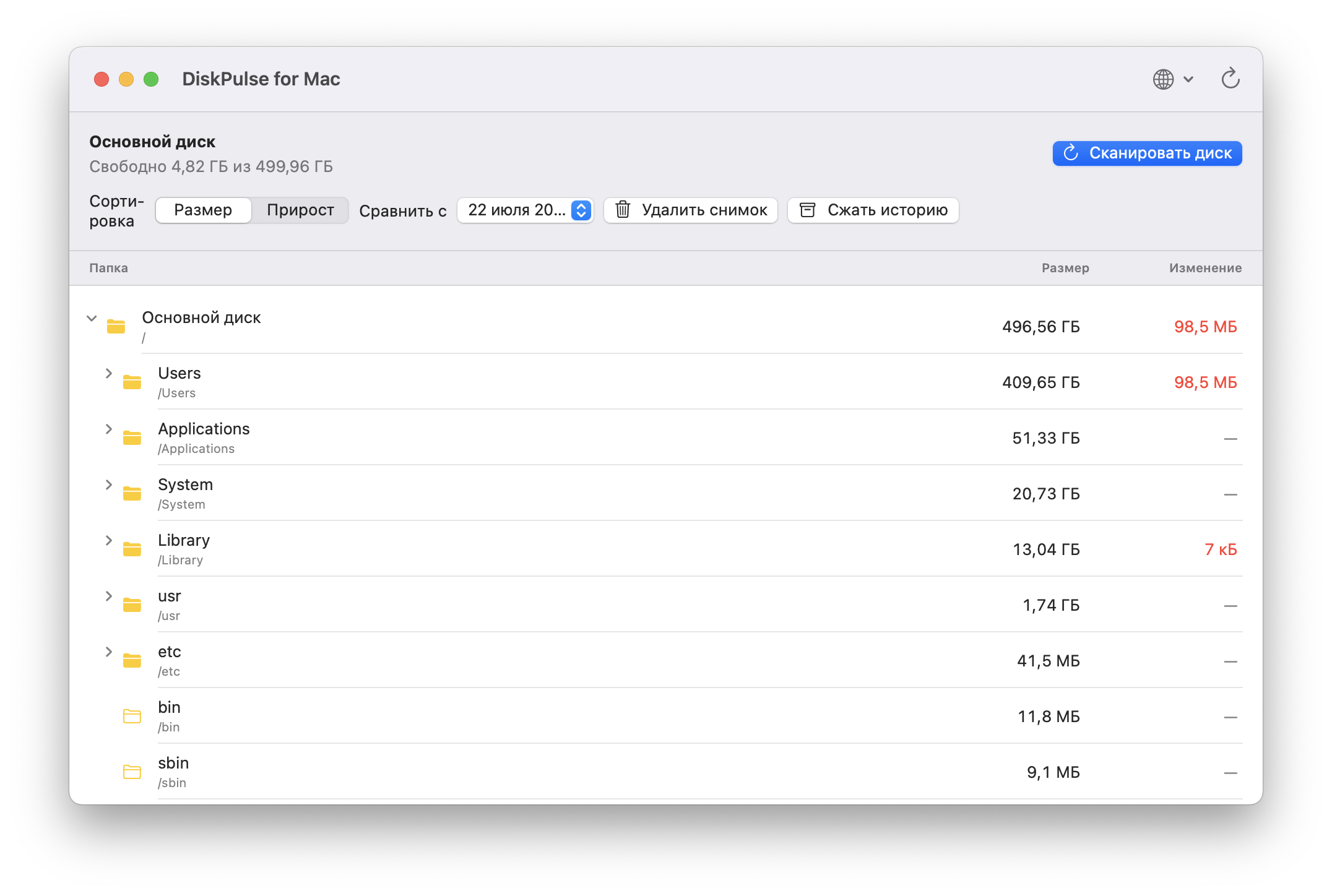 Дерево папок в русской версии DiskPulse for Mac