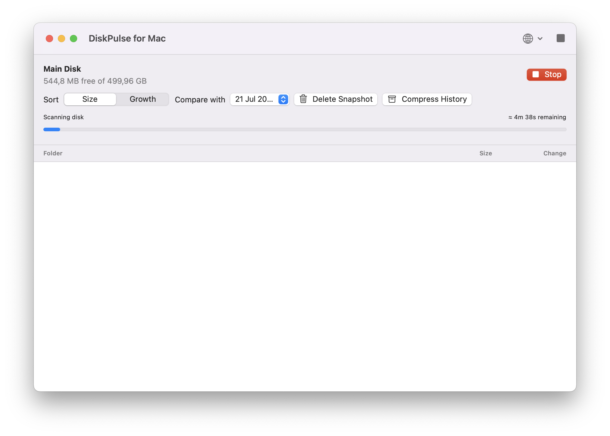 Disk scan progress in the English interface of DiskPulse for Mac
